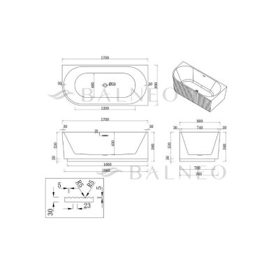 Balneo Avola No Rim rifliuota laisvai pastatoma kampinė vonia, dešininė, 170 x 80 cm, balta su baltu sifono dangteliu, J0301020402-3 12 Balneo Avola No Rim rifliuota laisvai pastatoma kampinė vonia, dešininė, 170 x 80 cm, balta su baltu sifono dangteliu, J0301020402-3 12