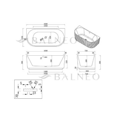 Balneo Viva No Rim laisvai pastatoma rifliuota sieninė vonia, 160 x 75 cm, balta, su chromo sifono dangteliu, J0301010103-2 9 Balneo Viva No Rim laisvai pastatoma rifliuota sieninė vonia, 160 x 75 cm, balta, su chromo sifono dangteliu, J0301010103-2 9
