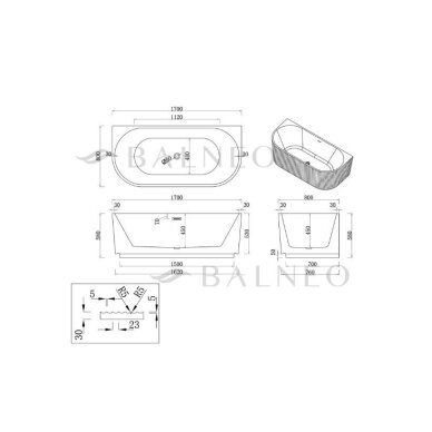 Balneo Viva No Rim laisvai pastatoma rifliuota sieninė vonia, 170 x 80 cm, balta, su auksiniu sifono dangteliu, J0301040103-3 8 Balneo Viva No Rim laisvai pastatoma rifliuota sieninė vonia, 170 x 80 cm, balta, su auksiniu sifono dangteliu, J0301040103-3 8