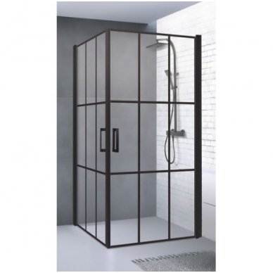 Brasta Glass Viktorija Nero Cube industrinio stiliaus dušo kabina, 87,5 x 87,5 cm, juodas profilis, skaidrus stiklas