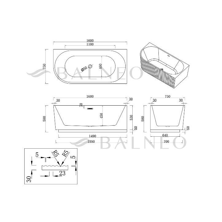 Balneo Avola No Rim rifliuota laisvai pastatoma kampinė vonia, kairinė, 150 x 75 cm, balta-pilka, su baltu sifono dangteliu, J0301020502-4 10 Balneo Avola No Rim rifliuota laisvai pastatoma kampinė vonia, kairinė, 150 x 75 cm, balta-pilka, su baltu sifono dangteliu, J0301020502-4 10