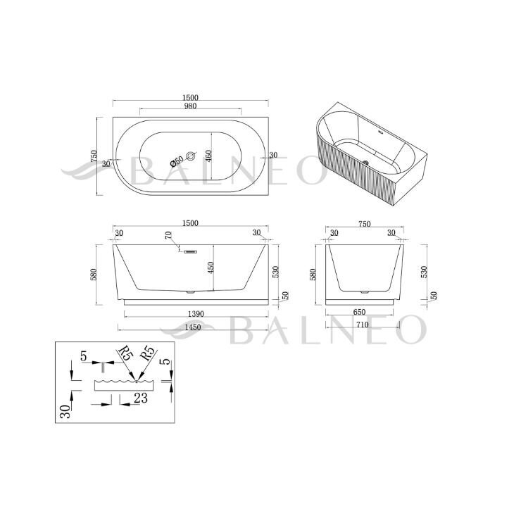 Balneo Avola No Rim rifliuota laisvai pastatoma kampinė vonia, dešininė, 150 x 75 cm, balta-pilka, su baltu sifono dangteliu, J0301020402-4 12