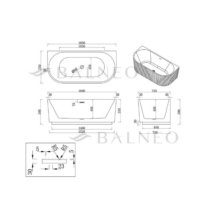 Balneo Viva No Rim laisvai pastatoma rifliuota sieninė vonia, 160 x 75 cm, balta, su auksiniu sifono dangteliu, J0301040103-2 8 Balneo Viva No Rim laisvai pastatoma rifliuota sieninė vonia, 160 x 75 cm, balta, su auksiniu sifono dangteliu, J0301040103-2 8