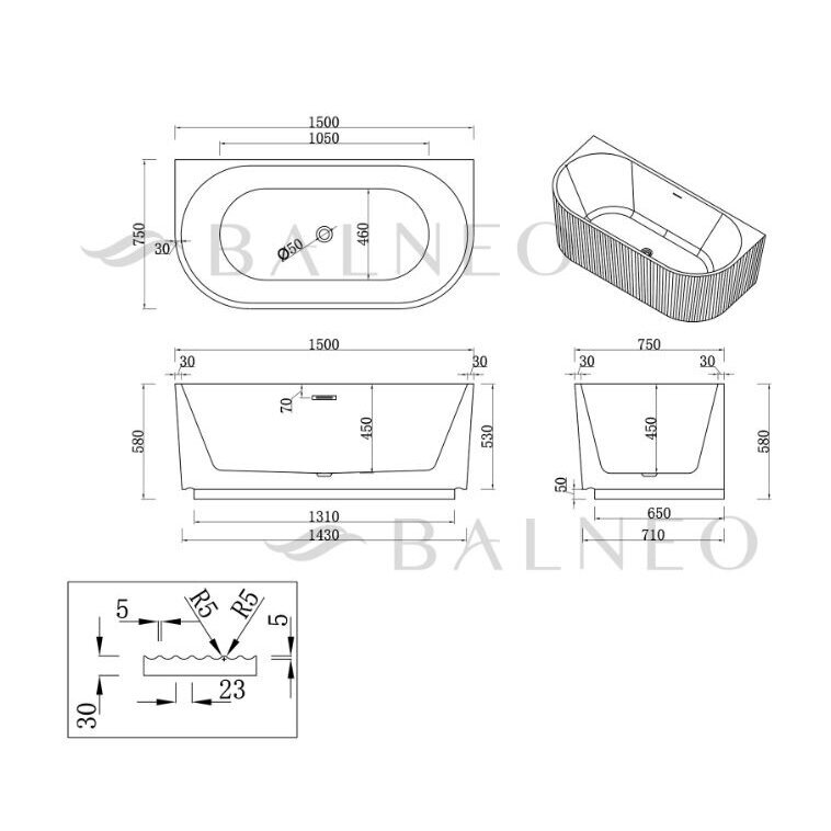 Balneo Viva laisvai pastatoma rifliuota sieninė vonia, 170 x 80 cm, balta, su baltu sifono dangteliu, J0301020103-3 11 Balneo Viva laisvai pastatoma rifliuota sieninė vonia, 170 x 80 cm, balta, su baltu sifono dangteliu, J0301020103-3 11