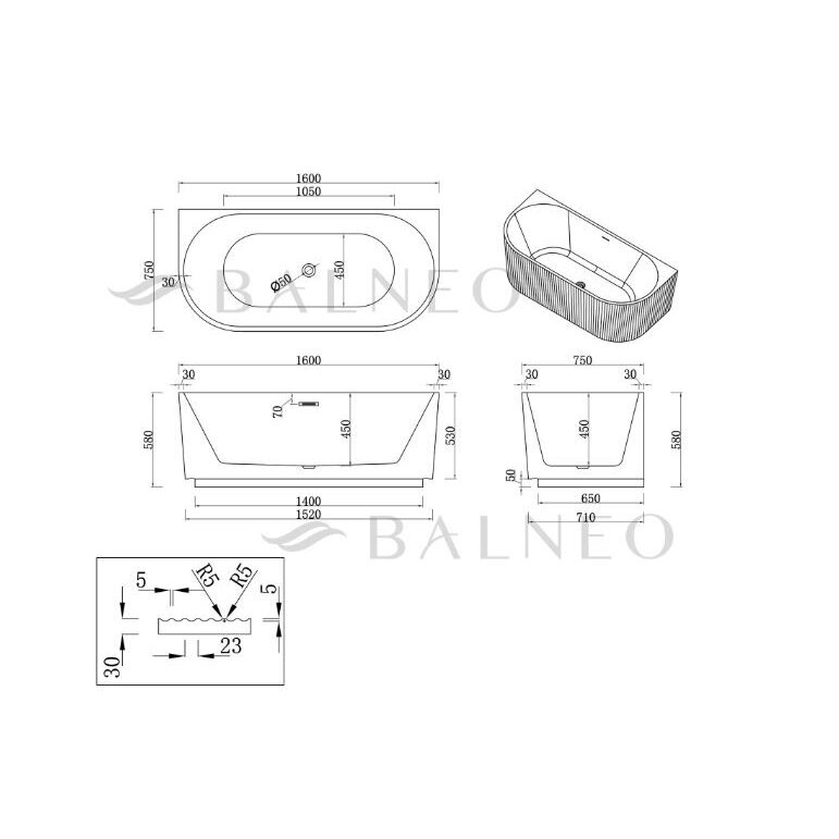 Balneo Viva No Rim laisvai pastatoma rifliuota sieninė vonia, 160 x 75 cm, balta, su baltu sifono dangteliu, J0301020103-2 10 Balneo Viva No Rim laisvai pastatoma rifliuota sieninė vonia, 160 x 75 cm, balta, su baltu sifono dangteliu, J0301020103-2 10