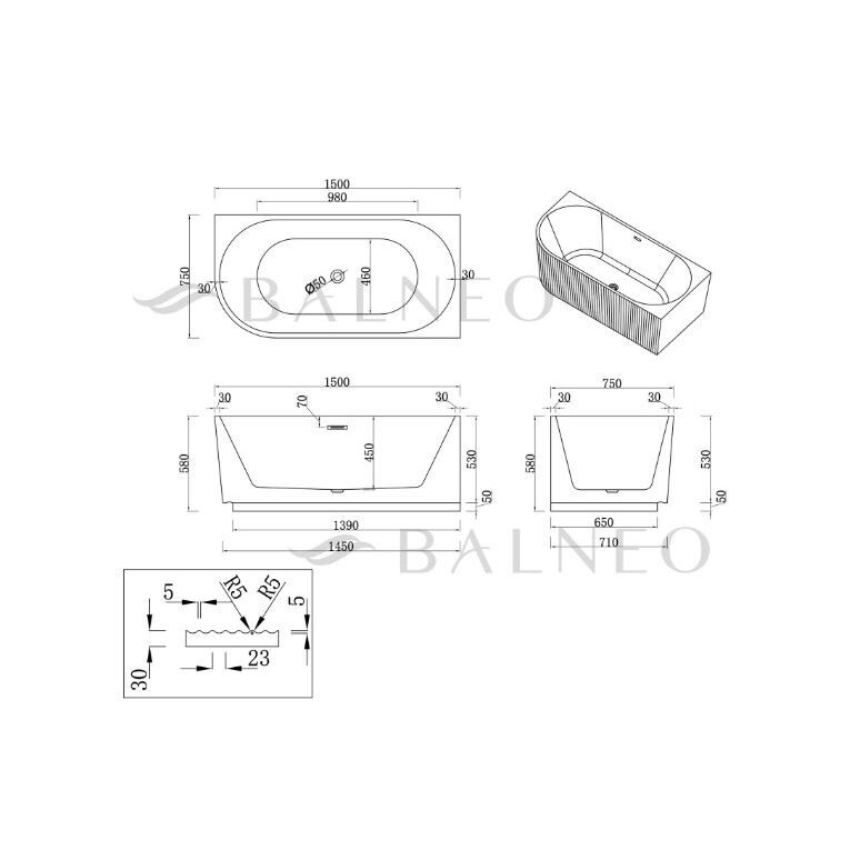 Balneo Avola No Rim rifliuota laisvai pastatoma kampinė vonia, dešininė, 150 x 75 cm, balta-juoda, su baltu sifono dangteliu, J0301020402-7 12 Balneo Avola No Rim rifliuota laisvai pastatoma kampinė vonia, dešininė, 150 x 75 cm, balta-juoda, su baltu sifono dangteliu, J0301020402-7 12