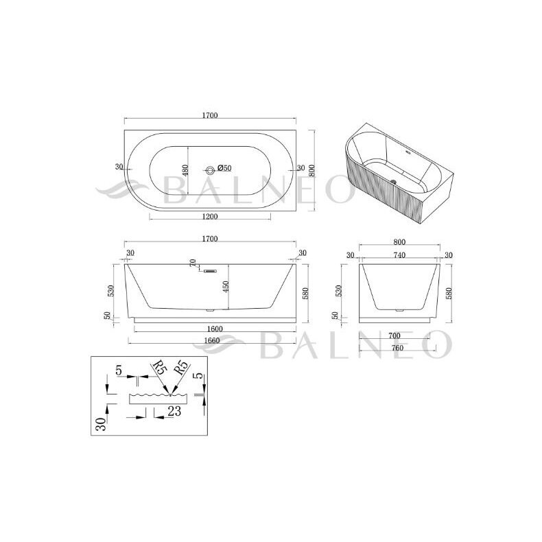 Balneo Avola No Rim rifliuota laisvai pastatoma kampinė vonia, dešininė, 170 x 80 cm, balta su baltu sifono dangteliu, J0301020402-3 12