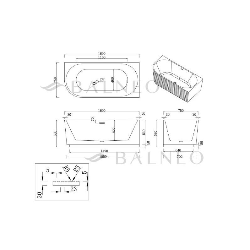 Balneo Avola No Rim rifliuota laisvai pastatoma kampinė vonia, dešininė, 160 x 75 cm, balta su baltu sifono dangteliu, J0301020402-2 12 Balneo Avola No Rim rifliuota laisvai pastatoma kampinė vonia, dešininė, 160 x 75 cm, balta su baltu sifono dangteliu, J0301020402-2 12