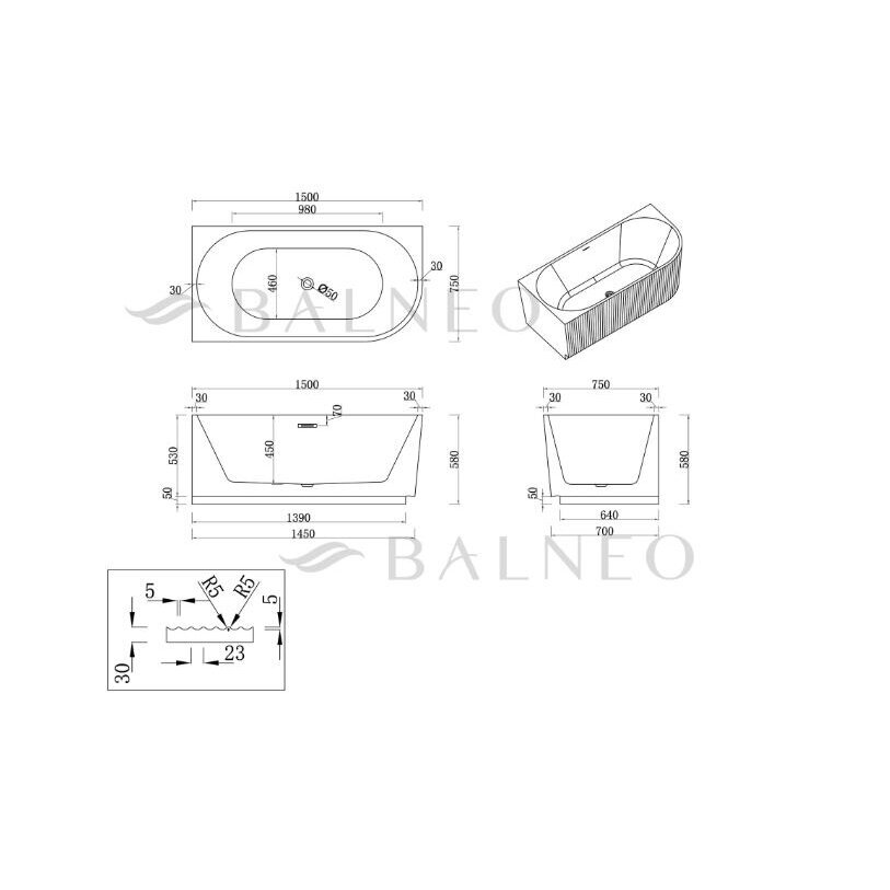 Balneo Avola No Rim rifliuota laisvai pastatoma kampinė vonia, kairinė, 150 x 75 cm, balta-juoda, su baltu sifono dangteliu, J0301020502-7 10 Balneo Avola No Rim rifliuota laisvai pastatoma kampinė vonia, kairinė, 150 x 75 cm, balta-juoda, su baltu sifono dangteliu, J0301020502-7 10