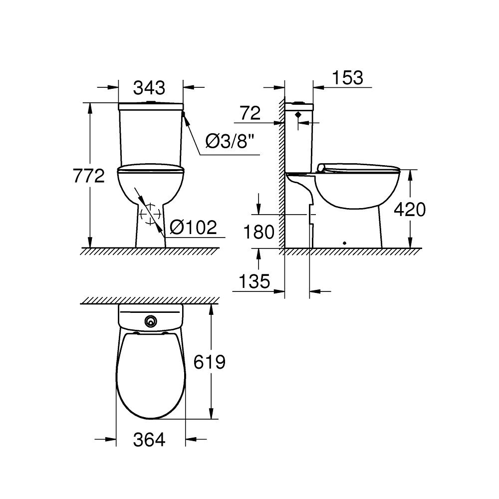 Grohe BauCeramic Rimless pastatomas klozetas su lėtai nusileidžiančiu dangčiu, baltas 1