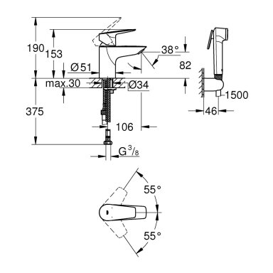 Grohe Bauedge S praustuvo maišytuvas su dušeliu, chromas Grohe Bauedge S praustuvo maišytuvas su dušeliu, chromas