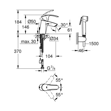 Grohe Eurosmart praustuvo maišytuvas su dušiuku, chromas Grohe Eurosmart praustuvo maišytuvas su dušiuku, chromas