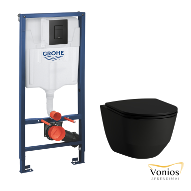 Grohe Solido potinkinis rėmas su Even juodos spalvos mygtuku ir Laufen pro Rimless juodu klozetu
