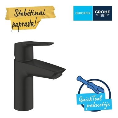 GROHE Start QuickFix maišytuvas praustuvui su "push-open" dugno vožtuvu, S-dydis, juodas matinis 235512432