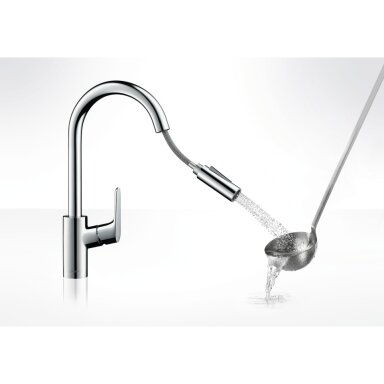 Hansgrohe Focus ištraukiamas virtuvinis maišytuvas, chromo arba nerūdijančio plieno spalvos Hansgrohe Focus ištraukiamas virtuvinis maišytuvas, chromo arba nerūdijančio plieno spalvos