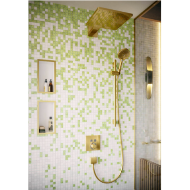 Hansgrohe potinkinė termostatinė dušo sistema su Raindance E 300 1 jet dušo galva, blizgus auksas Hansgrohe potinkinė termostatinė dušo sistema su Raindance E 300 1 jet dušo galva, blizgus auksas