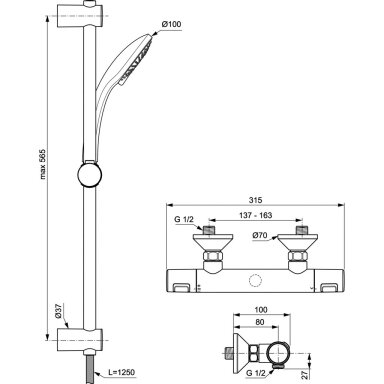Ideal Standard Ceratherm T25 termostatinis dušo maišytuvas su dušo komplektu, chromas A7203AA