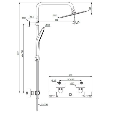 Ideal Standard Ceratherm T50 virštinkinė termostatinė dušo sistema, chromas A7565AA Ideal Standard Ceratherm T50 virštinkinė termostatinė dušo sistema, chromas A7565AA