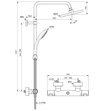 Ideal Standard Idealrain termostatinė dušo sistema, juoda matinė, A7545XG Ideal Standard Idealrain termostatinė dušo sistema, juoda matinė, A7545XG