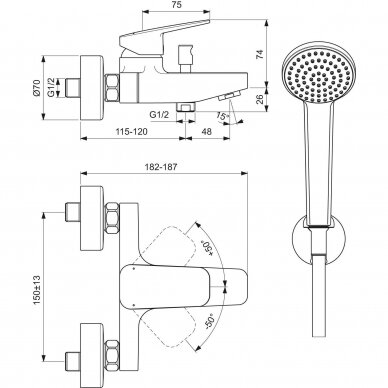 Ideal Standard Ceraplan virštinkinis vonios maišyttuvas su dušo komplektu, chromas BD258AA 2