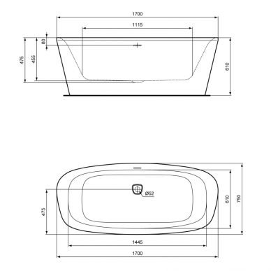 Ideal Standard Dea Duo laisvai pastatoma akrilinė vonia 170x75 cm su Click-Clack nuotekų vožtuvu, balta E306601 5