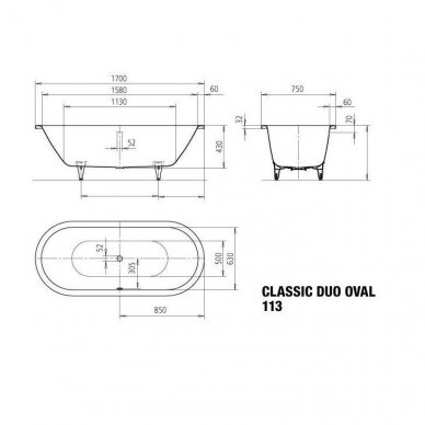 Kaldewei Classic Duo Oval plieninė laisvai statoma vonia, balta 4