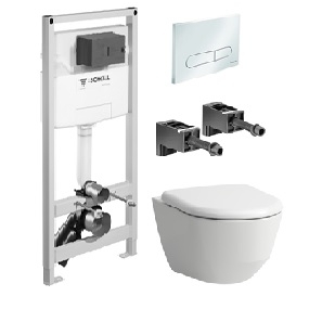 Laufen Pro Rimless pakabinamo WC ir Schell Modus C 120 rėmo komplektas su baltu mygtuku
