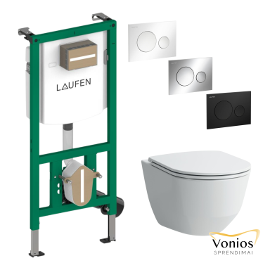 Laufen Ineo potinkinio rėmo, Laufen Pro Rimless balto klozeto ir Laufen Moon mygtuko komplektas