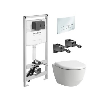 Laufen Pro Rimless pakabinamo WC ir Schell Modus C 120 rėmo komplektas su baltu mygtuku Laufen Pro Rimless pakabinamo WC ir Schell Modus C 120 rėmo komplektas su baltu mygtuku