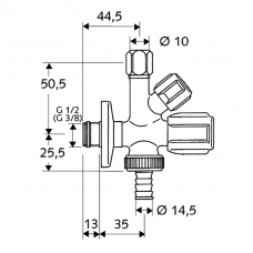Schell kombinuotas kampinis ventilis, 1/2" x 3/8", d-10mm, ir 3/4"