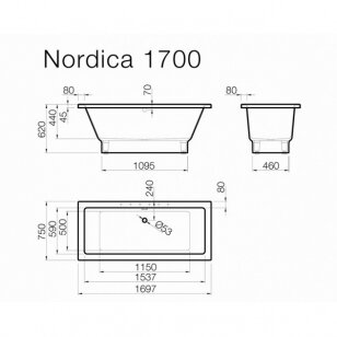 Vispool Nordica akmens masės vonia, 170 x 75 cm, balta