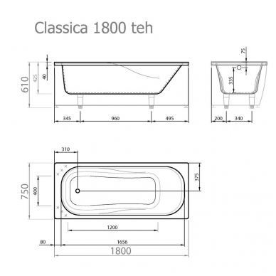 Vispool Classica akmens masės vonia, 180 x 75 cm, su sifonu, balta 2