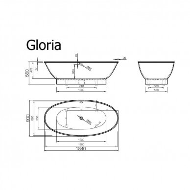 Vispool Gloria akmens masės vonia, 184 x 90 cm, su pop-up sifonu, balta 6